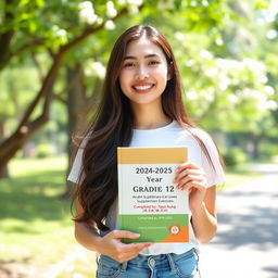 A beautiful, attractive twenty-year-old woman with long, flowing hair and a warm smile, holding a book titled '2024-2025 Academic Year Grade 12 [English] Supplementary Exercises Compiled by Saya Aung [B