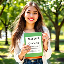 A beautiful, attractive twenty-year-old woman with long, flowing hair and a warm smile, holding a book titled '2024-2025 Academic Year Grade 12 [English] Supplementary Exercises Compiled by Saya Aung [B