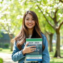 A beautiful, attractive twenty-year-old woman with long, flowing hair and a warm smile, holding a book titled '2024-2025 Academic Year Grade 12 [English] Supplementary Exercises Compiled by Saya Aung [B