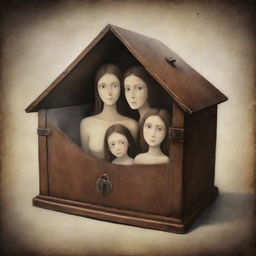 An artistic illustration showcasing the concept of family secrets. Depict a mysterious family, their emotions veiled, with a locked chest symbolizing hidden secrets in the background.