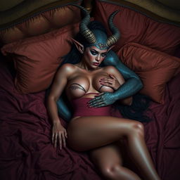 A sexy Oni woman lying gracefully on a luxurious bed, emanating an enchanting allure