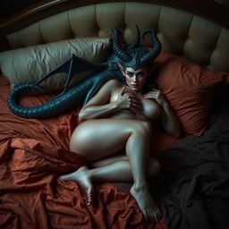 A captivating Oni woman lying elegantly on a plush bed, showcasing her vibrant skin and distinctive horns, embodying mystical beauty