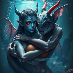 A stunning Oni woman with vibrant skin and striking features, playfully entwined with a bat-like fish man who embraces her affectionately