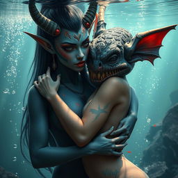 A stunning Oni woman with vibrant skin and striking features, playfully entwined with a bat-like fish man who embraces her affectionately