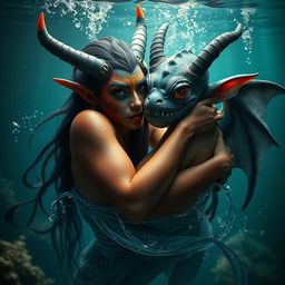 A stunning Oni woman with vibrant skin and striking features, playfully entwined with a bat-like fish man who embraces her affectionately