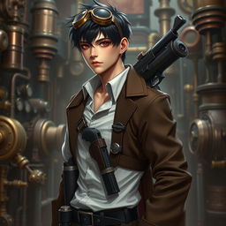 A realistic male character in a steampunk Dungeons & Dragons themed environment, featuring short black hair and striking dark red eyes