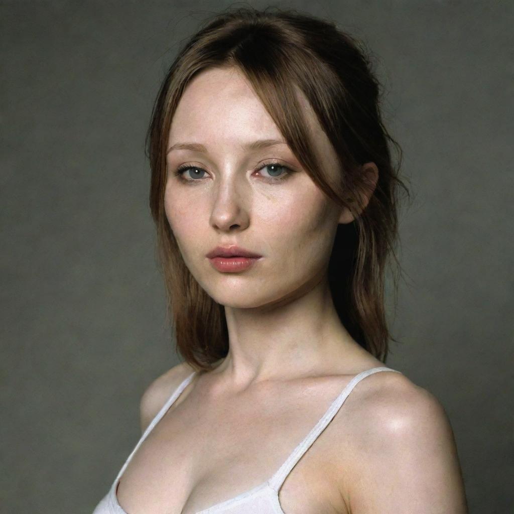 A beautiful woman with Emily Browning's face from 2004, a normal body wearing tight-fitting clothes, and in a side pose.