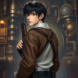 A realistic male character in a steampunk Dungeons & Dragons themed environment, featuring short black hair and striking dark red eyes