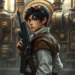 A realistic male character in a steampunk Dungeons & Dragons themed environment, featuring short black hair and striking dark red eyes