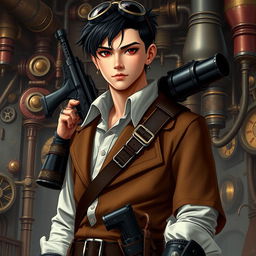 A realistic male character in a steampunk Dungeons & Dragons themed environment, featuring short black hair and striking dark red eyes