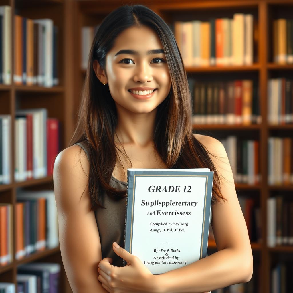 A beautiful, smart-looking twenty-year-old woman with a well-defined physique, standing confidently while holding a book in her arms