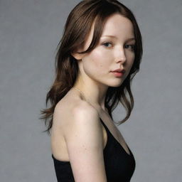 A beautiful woman with Emily Browning's face from 2004, a normal body wearing tight-fitting clothes, and in a side pose.