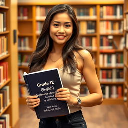 A beautiful, smart-looking twenty-year-old woman with a well-defined physique, standing confidently while holding a book in her arms