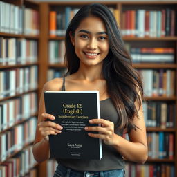 A beautiful, smart-looking twenty-year-old woman with a well-defined physique, standing confidently while holding a book in her arms