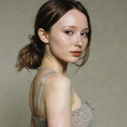 A beautiful woman with Emily Browning's face from 2004, a normal body wearing tight-fitting clothes, and in a side pose.