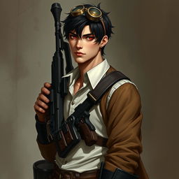 A realistic male character in a steampunk Dungeons & Dragons inspired setting