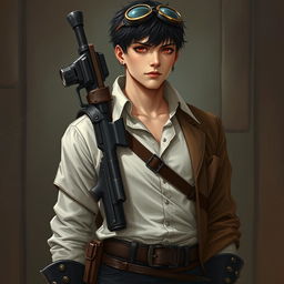 A realistic male character in a steampunk Dungeons & Dragons inspired setting