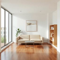 A small, minimalist rectangular living room featuring a sleek, modern design