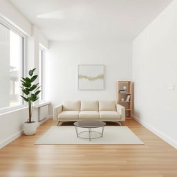 A small, minimalist rectangular living room featuring a sleek, modern design