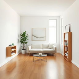 A small, minimalist rectangular living room featuring a sleek, modern design