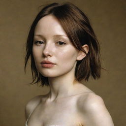 A beautiful woman with Emily Browning's face from 2004, a normal body wearing tight-fitting clothes, and in a side pose.