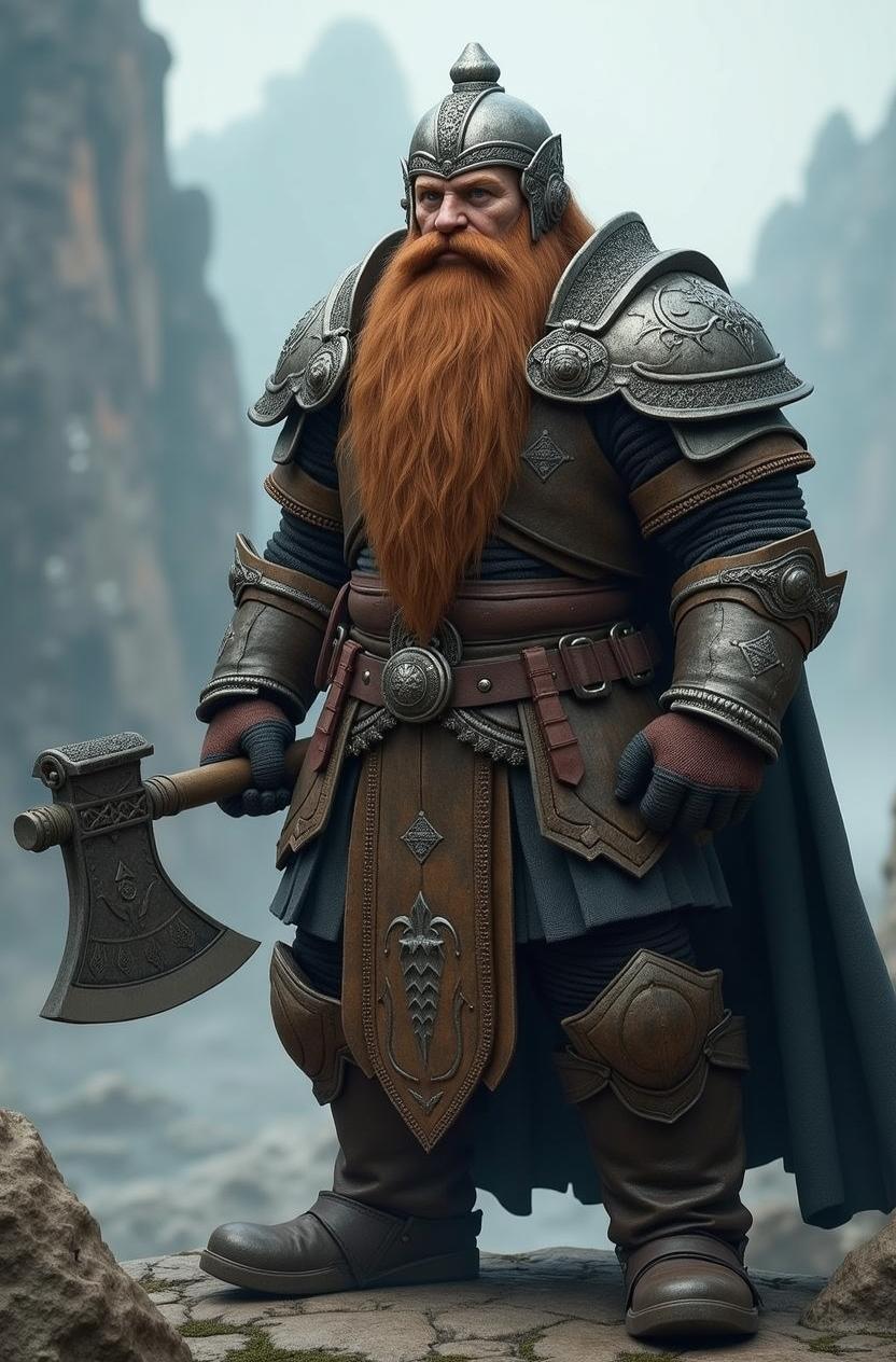 A formidable dwarf warrior with a bushy red beard and intricate armor, featuring detailed metallic designs and a large axe in hand