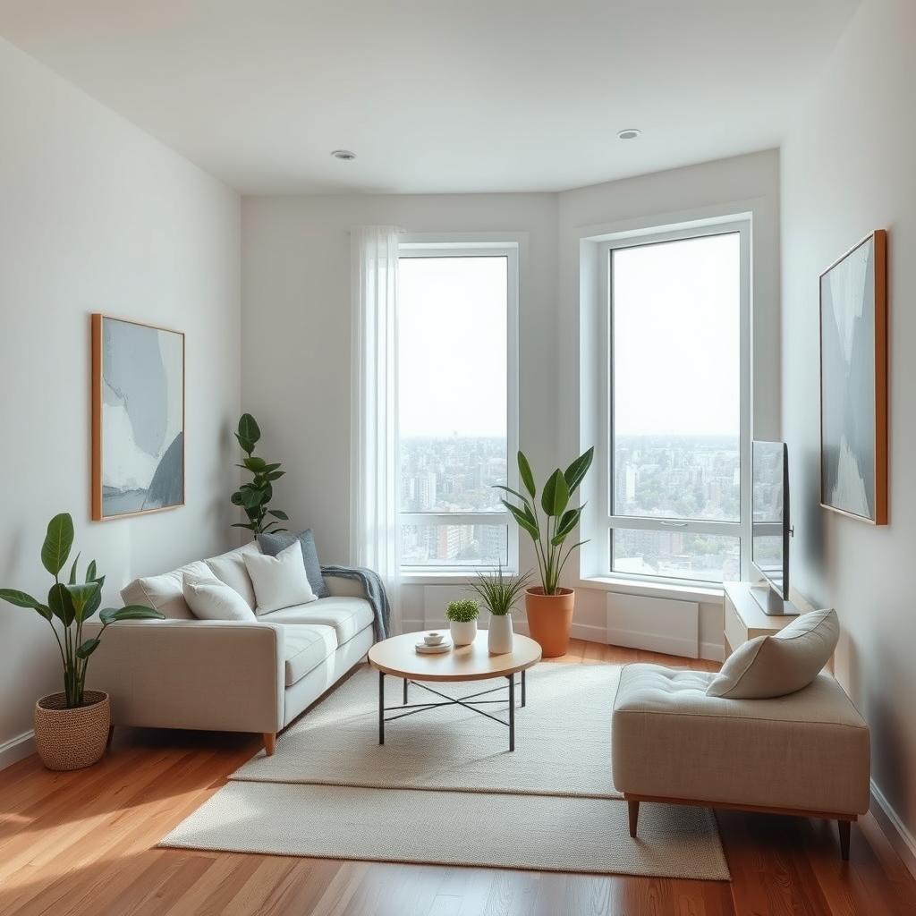 a small, bright minimalist living room, featuring light-colored walls, a clean-lined sofa with neutral tones, a simple coffee table, and a few decorative plants, large windows allowing abundant natural light to flood in, wooden flooring, and minimalist decor elements such as abstract art on the walls, creating a serene and uncluttered atmosphere