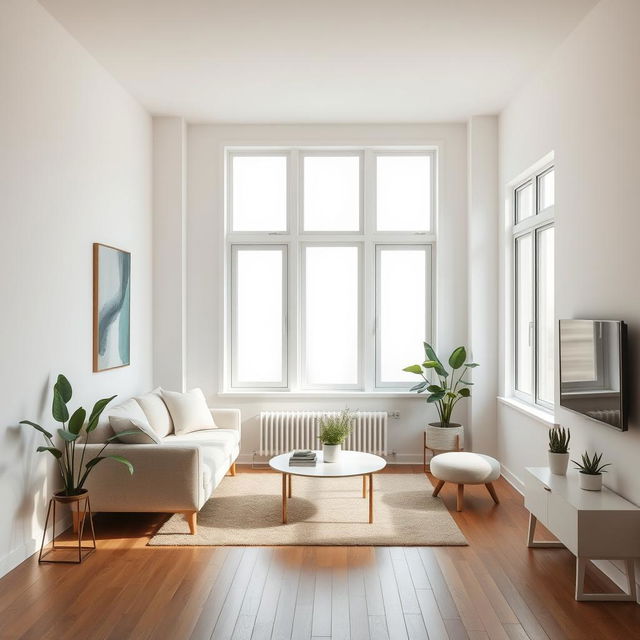 a small, bright minimalist living room, featuring light-colored walls, a clean-lined sofa with neutral tones, a simple coffee table, and a few decorative plants, large windows allowing abundant natural light to flood in, wooden flooring, and minimalist decor elements such as abstract art on the walls, creating a serene and uncluttered atmosphere