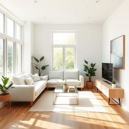 a small, bright minimalist living room, featuring light-colored walls, a clean-lined sofa with neutral tones, a simple coffee table, and a few decorative plants, large windows allowing abundant natural light to flood in, wooden flooring, and minimalist decor elements such as abstract art on the walls, creating a serene and uncluttered atmosphere