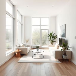 a small, bright minimalist living room, featuring light-colored walls, a clean-lined sofa with neutral tones, a simple coffee table, and a few decorative plants, large windows allowing abundant natural light to flood in, wooden flooring, and minimalist decor elements such as abstract art on the walls, creating a serene and uncluttered atmosphere