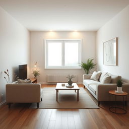 a small, bright minimalist living room designed without windows, featuring light-colored walls and a clean-lined sofa in neutral tones, a simple coffee table, and a few decorative plants, soft ambient lighting illuminating the space, wooden flooring, and minimalist decor elements such as abstract art, creating a serene and uncluttered atmosphere despite the absence of natural light