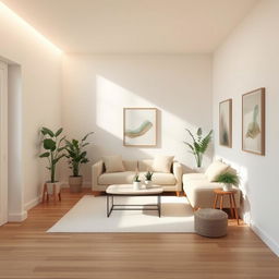 a small, bright minimalist living room designed without windows, featuring light-colored walls and a clean-lined sofa in neutral tones, a simple coffee table, and a few decorative plants, soft ambient lighting illuminating the space, wooden flooring, and minimalist decor elements such as abstract art, creating a serene and uncluttered atmosphere despite the absence of natural light