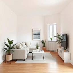 a small, bright minimalist living room designed without windows, featuring light-colored walls and a clean-lined sofa in neutral tones, a simple coffee table, and a few decorative plants, soft ambient lighting illuminating the space, wooden flooring, and minimalist decor elements such as abstract art, creating a serene and uncluttered atmosphere despite the absence of natural light