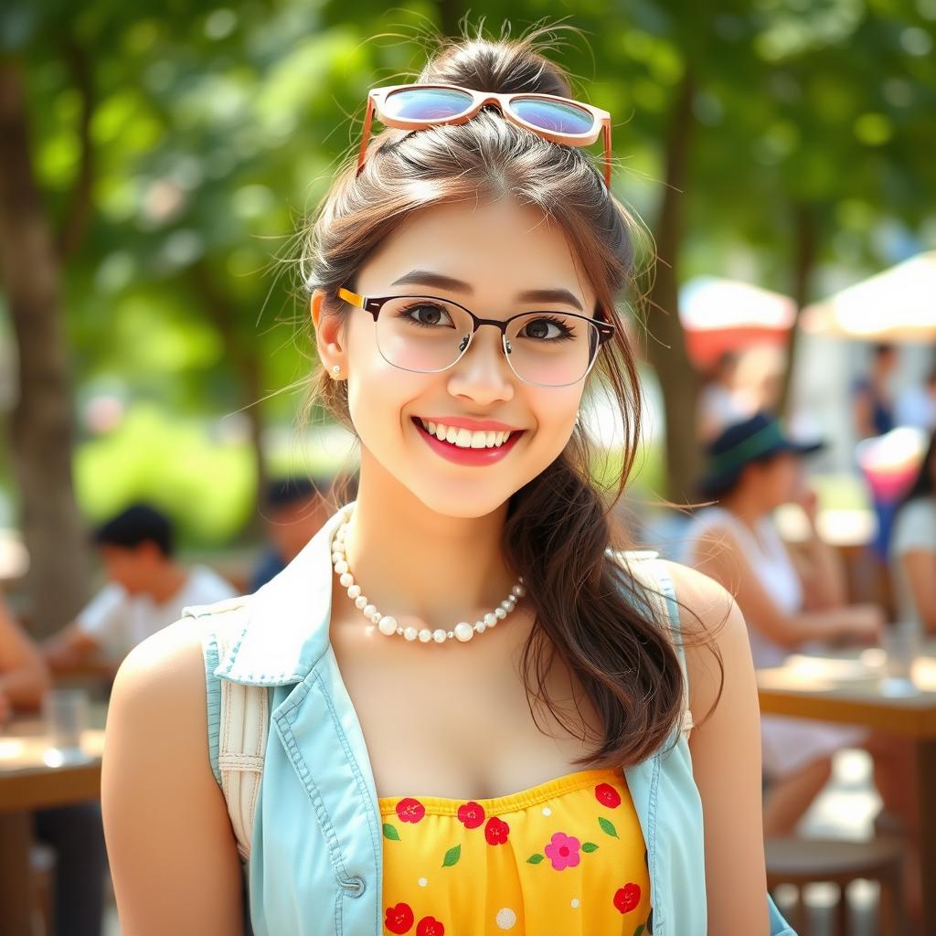 A cute and playful scene featuring a stylish young woman, dressed in trendy and fashionable attire that highlights her youthful charm and confidence