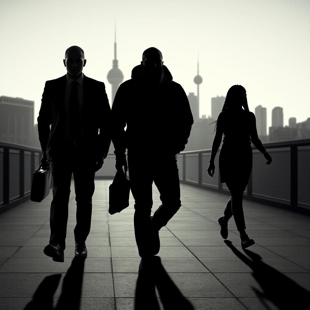 A dynamic business thriller scene set in Montreal, showcasing silhouettes of three intriguing characters walking forward