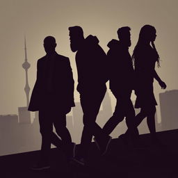 A dynamic business thriller scene set in Montreal, showcasing silhouettes of three intriguing characters walking forward