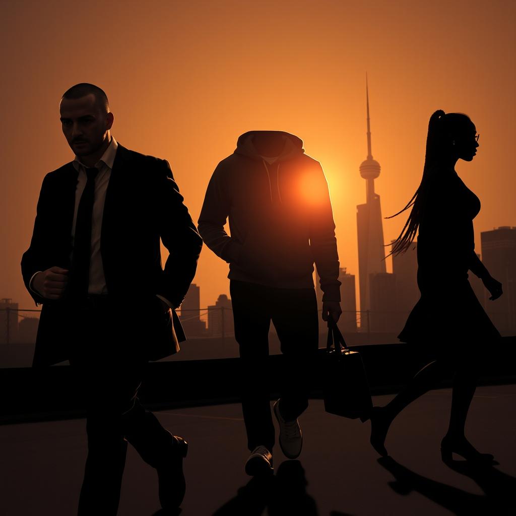 A dynamic business thriller scene set in Montreal, showcasing silhouettes of three intriguing characters walking forward