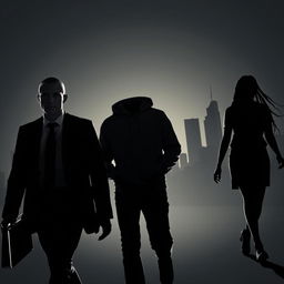 A dynamic business thriller scene set in Montreal, showcasing silhouettes of three intriguing characters walking forward