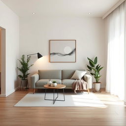 un salón pequeño minimalista luminoso diseñado sin ventanas, con paredes de colores claros y un sofá de líneas limpias en tonos neutros, una mesa de café sencilla y algunas plantas decorativas, iluminación ambiental suave iluminando el espacio, suelo de madera y elementos decorativos minimalistas como arte abstracto en las paredes, creando una atmósfera serena y despejada a pesar de la ausencia de luz natural