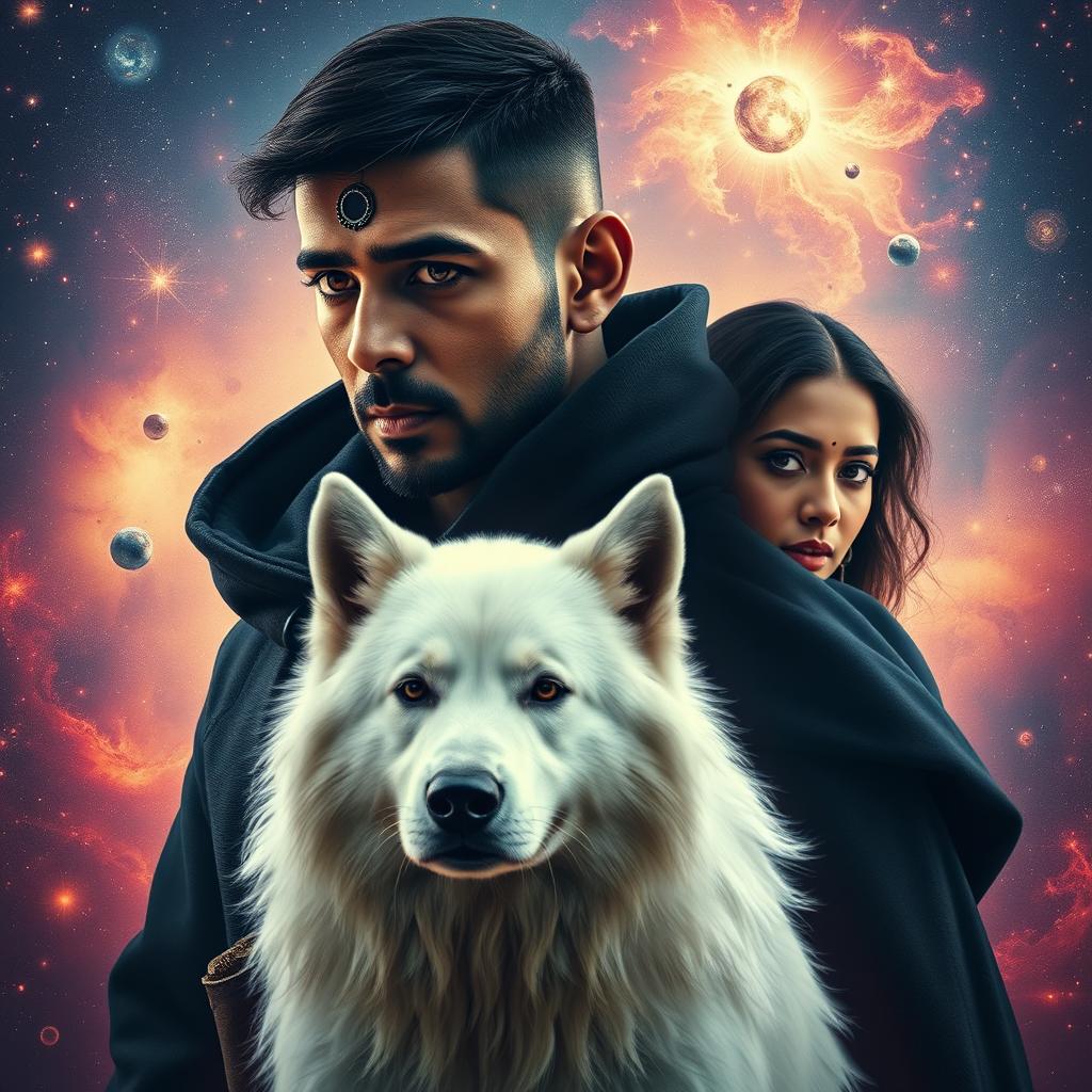 A cinematic magical film poster featuring a 27-year-old Indian man with very short, trimmed hair and a dark face, adorned with a black shrug and a third eye on his forehead