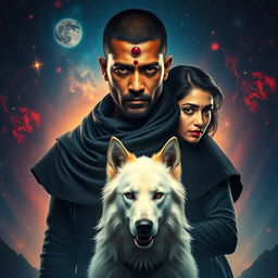 A cinematic magical film poster featuring a 27-year-old Indian man with very short, trimmed hair and a dark face, adorned with a black shrug and a third eye on his forehead