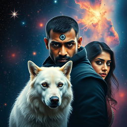 A cinematic magical film poster featuring a 27-year-old Indian man with very short, trimmed hair and a dark face, adorned with a black shrug and a third eye on his forehead