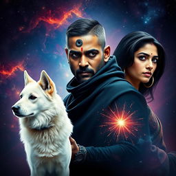 A cinematic magical film poster featuring a 27-year-old Indian man with very short, trimmed hair and a dark face, adorned with a black shrug and a third eye on his forehead