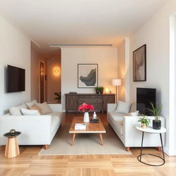 a small living room designed without windows, featuring contemporary furniture in a cozy arrangement, light-colored walls, a compact sofa, a simple coffee table, and decorative elements like indoor plants and artwork on the wall, warm, ambient lighting creating a welcoming atmosphere, wooden flooring providing a natural touch, creating an intimate yet stylish living space