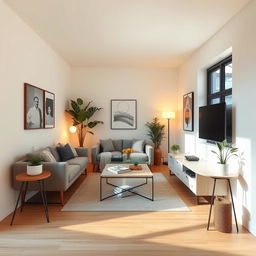 a small living room designed without windows, featuring contemporary furniture in a cozy arrangement, light-colored walls, a compact sofa, a simple coffee table, and decorative elements like indoor plants and artwork on the wall, warm, ambient lighting creating a welcoming atmosphere, wooden flooring providing a natural touch, creating an intimate yet stylish living space