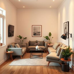 a small living room designed without windows, featuring contemporary furniture in a cozy arrangement, light-colored walls, a compact sofa, a simple coffee table, and decorative elements like indoor plants and artwork on the wall, warm, ambient lighting creating a welcoming atmosphere, wooden flooring providing a natural touch, creating an intimate yet stylish living space