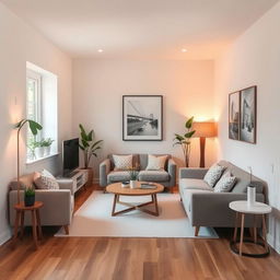 a small living room designed without windows, featuring contemporary furniture in a cozy arrangement, light-colored walls, a compact sofa, a simple coffee table, and decorative elements like indoor plants and artwork on the wall, warm, ambient lighting creating a welcoming atmosphere, wooden flooring providing a natural touch, creating an intimate yet stylish living space