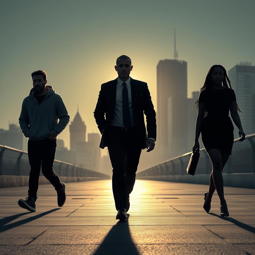 A gripping business thriller scene set in Montreal, showcasing the silhouettes of three dynamic characters walking forward