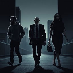 A gripping business thriller scene set in Montreal, showcasing the silhouettes of three dynamic characters walking forward