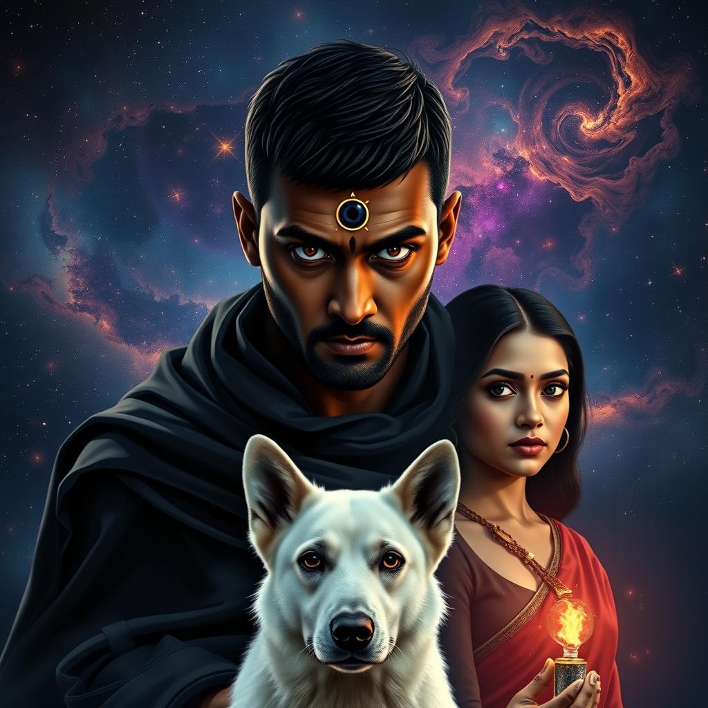 A cinematic magical film poster featuring a 27-year-old Indian man with very short, trimmed hair and a dark face, showcasing completely black eyes